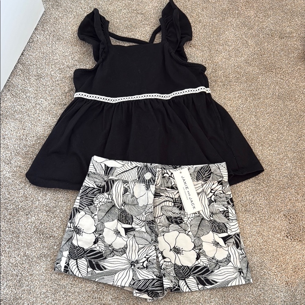 Janie and Jack Black Top and Floral Shorts Set